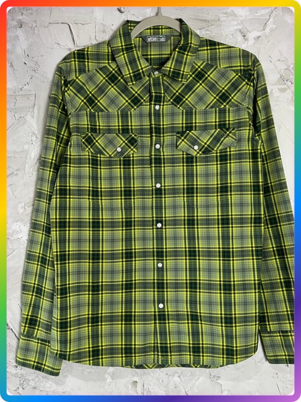 Stio Eddy Long Sleeve Shirt SIZE XS Yellow Green Plaid Pearl Snap UPF 50+ Hike
